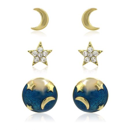 3 Pcs Colorful Enamel Stud Earrings Set - A 3-piece set of colorful enamel stud earrings featuring celestial designs of a moon, star, and planet, displayed on a card.