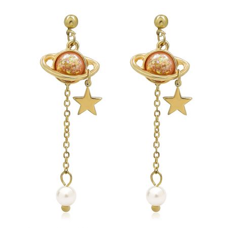 Earth and Star Dangle Earrings - A pair of Earth and Star Dangle Earrings, featuring a celestial design with planet and star motifs in gold-plated metal, accented with a pink glitter resin and a white pearl.