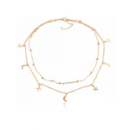 Dainty Minimal Star Moon Necklaces - A delicate double-layered gold-plated necklace featuring minimalist star and moon charms on a white background.
