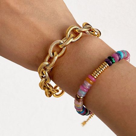 Stainless Steel Toggle Clasp Wide Link Chain & Rope Bracelets Set - A stylish set of five gold-finished stainless steel bracelets, featuring a mix of wide link chains and threaded rope designs with toggle clasps, arranged on a plain background.