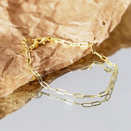 Bulk 925 Sterling Silver Paper Clip Chain Bracelet for Women (Set of 5) - A close-up product shot of a 925 sterling silver paper clip chain bracelet with a gold finish, displayed on a neutral background.