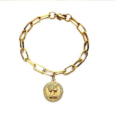 Charm Bracelet With Coin - Gold stainless steel charm bracelet with a classic coin pendant, model JRH-031, displayed on a white background.