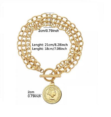 Gold version of the chunky coin bracelet, showing the chain detail and toggle clasp.