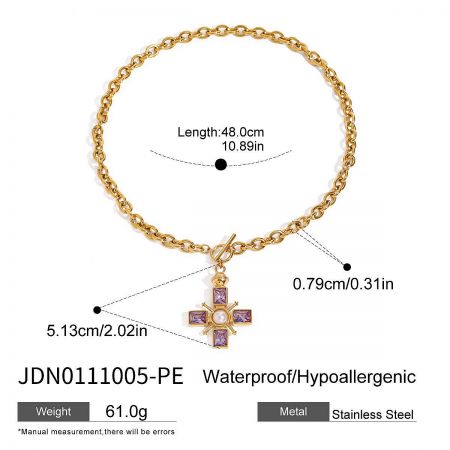 Specifications of the white crystal and pearl cross pendant necklace, detailing its waterproof and hypoallergenic properties.
