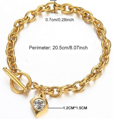 Detailed dimensions of the gold charm bracelet showing a perimeter of 20.5cm.