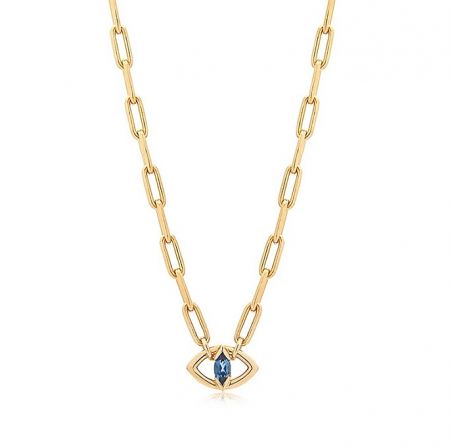 Evil Eye Gold Plated Necklace - Close-up of the Evil Eye Gold Plated Necklace, showcasing the intricate blue gemstone pendant on a delicate 18K gold plated sterling silver chain.