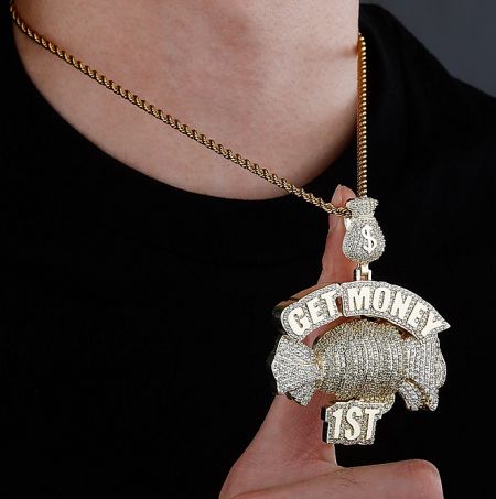 Custom 18K Gold Hip Hop Pendant - Custom 18K gold hip hop pendant with a 'GET MONEY' design, featuring a diamond-encrusted money bag and fist, hanging from a thick gold chain.