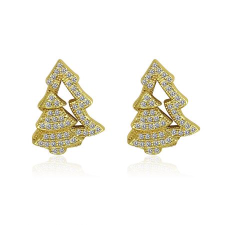 Christmas Tree Stud Earrings in Gold - A pair of gold Christmas tree stud earrings, intricately detailed and encrusted with sparkling white cubic zirconia stones, displayed on a clean white background.