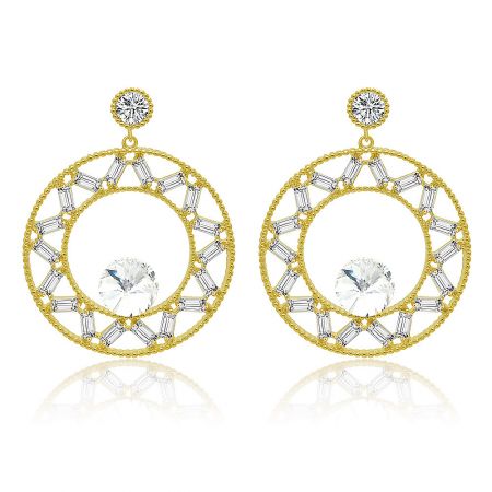 Gold Plated Round Dangle Chandelier Earrings - A pair of gold-plated round dangle chandelier earrings featuring a circular design with sparkling clear cubic zirconia gemstones, on a clean white background.
