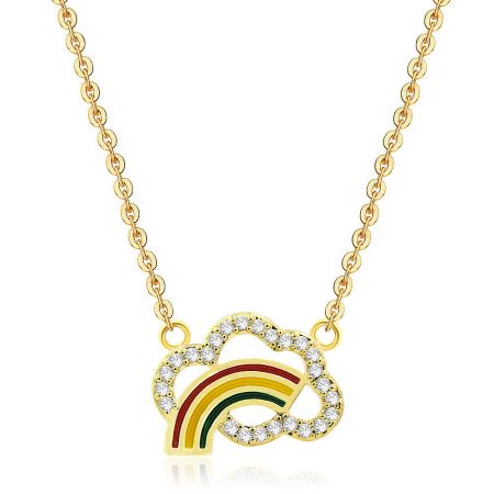 Angled shot of the rainbow cloud necklace, highlighting the sparkling cubic zirconia and colorful enamel.