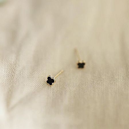 14k Gold Black Enamel Small Butterfly 925 Sterling Silver Tiny Stud Earrings (5 Pairs) - A close-up of the 14K gold-plated 925 sterling silver stud earrings, featuring a small butterfly design with black enamel.