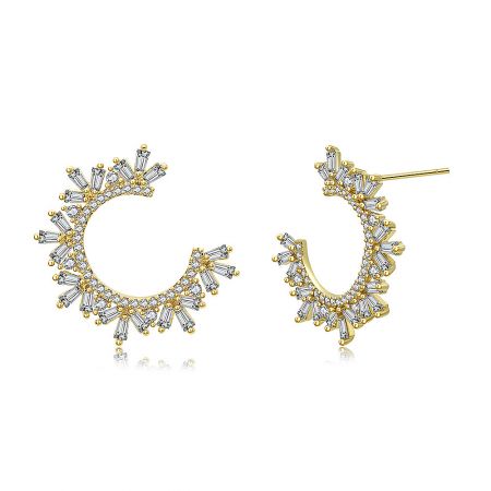Side view of the gold plated CZ circle earrings, highlighting the crescent shape and gemstone details.