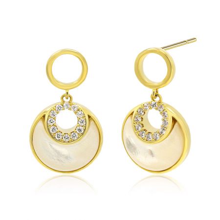 Detailed view of the gold crescent moon earrings, highlighting the iridescent mother-of-pearl and brilliant clear gemstones.