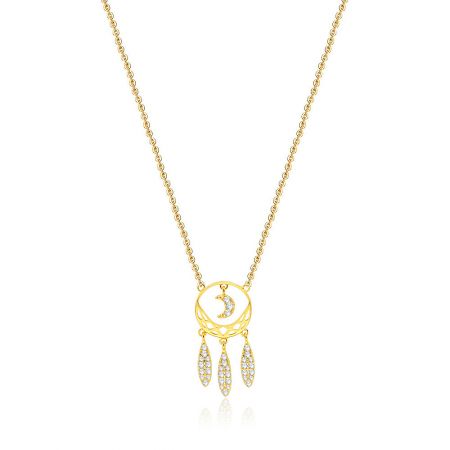 Gold-Plated Brass Dream Catcher Necklace with Cubic Zirconia - Gold-plated dream catcher necklace featuring a crescent moon pendant with sparkling cubic zirconia charms, displayed on a neutral background.