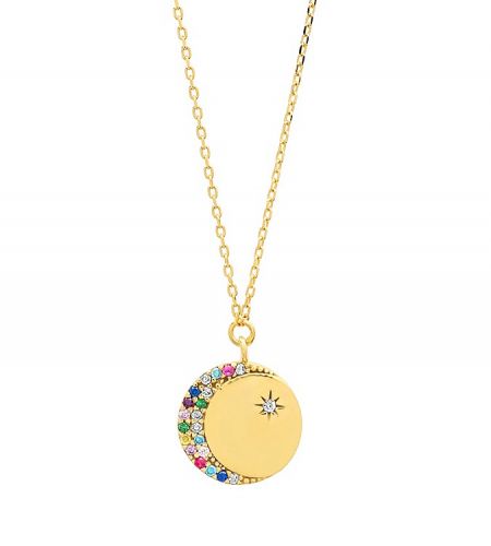 Cresent Moon Disc Pendant Necklace - Gold necklace with a crescent moon pendant featuring multicolored gemstones and a star design.