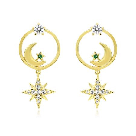 Moon Star Drop Statement Earrings - Moon Star Drop Statement Earrings featuring a gold crescent moon and starburst design, detailed with white and peridot cubic zirconia stones.