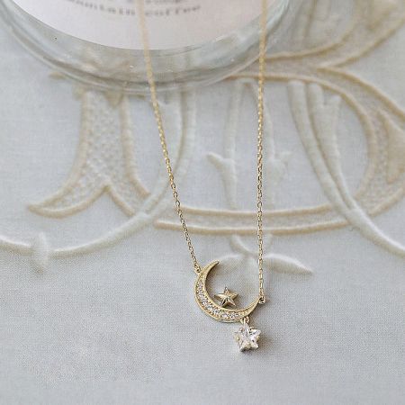 925 Silver Gold Star Moon Zircon Pendant Necklace Set of 5 - A stunning 925 sterling silver necklace with a gold-plated crescent moon and star pendant, intricately detailed with sparkling zircon stones.