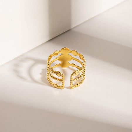 Close-up of a single open cuff ring from the set, highlighting its unique gold-plated design.