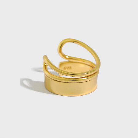Detailed product shot of the gold 925 silver double-band ring with its adjustable open-end design.