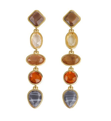 Colorful Resin Tear Drop Gem Earrings - A pair of Colorful Resin Tear Drop Gem Earrings (JRE-123) with gold plating and vibrant multi-colored stones, dangling elegantly against a white background.