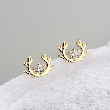 925 Sterling Silver Gold Zircon Elk Antler Stud Earrings (5 pairs) - A close-up of the 925 sterling silver gold-plated elk antler stud earrings, showcasing the intricate design and sparkling zircon gemstones.