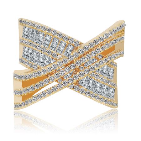 Clear CZ Crossover Band Ring In Gold - Front view of the Clear CZ Crossover Band Ring in Gold, showcasing its intricate crisscross bow design fully embellished with sparkling cubic zirconia stones.