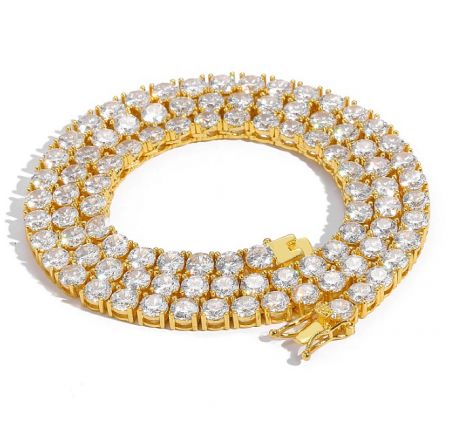 A stunning multi-row gold tennis bracelet encrusted with sparkling moissanite stones.