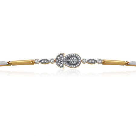 A detailed view of the bracelet's centerpiece, showcasing the leaf-like design and sparkling cubic zirconia stones.