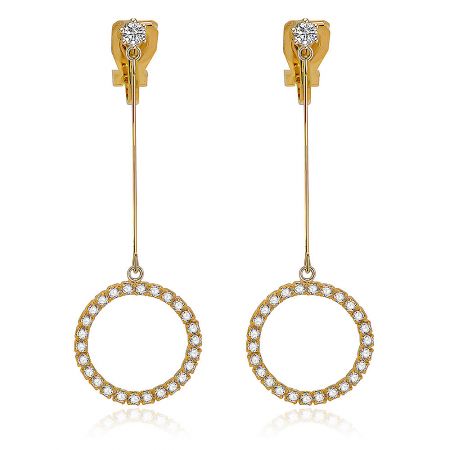 금색 톤 CZ 서클 클립온 귀걸이 - 베젤 세팅된 큐빅 지르코니아 스톤으로 장식된 드롭형 원형 펜던트를 선보이는 금색 톤 CZ 서클 클립온 귀걸이 한 쌍.