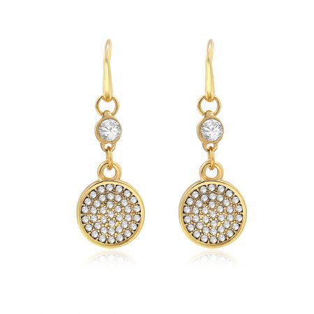 Disc Pave Drop Earrings - A pair of Disc Pave Drop Earrings in gold, featuring a circular pave design with sparkling cubic zirconia stones and a classic fish wire hook.