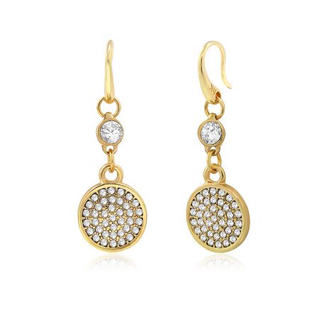 Detailed view of the gold-plated Disc Pave Drop Earrings showcasing the intricate diamond embellishments.