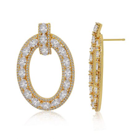 Detailed shot of the gold oval bar earring, focusing on the hollow center, precise gemstone setting, and secure post closure.