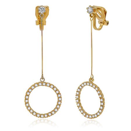 Close-up of a single Gold Tone CZ Circle Clip-On Earring, showing the clip mechanism with its rubber stopper for comfort.