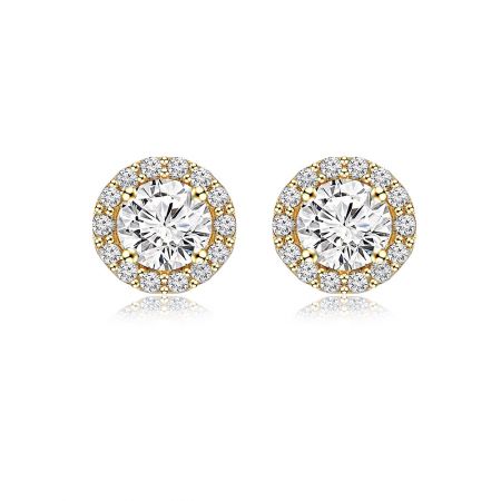 Medium Round Cubic Zirconia Earring Jackets - A pair of Medium Round Cubic Zirconia Earring Jackets, featuring a brilliant central stone surrounded by a halo of smaller stones in a gold-plated brass setting.
