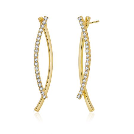 Detailed view of the gold earrings, focusing on the diamond-studded double-stem design which creates a sophisticated overlapping effect.
