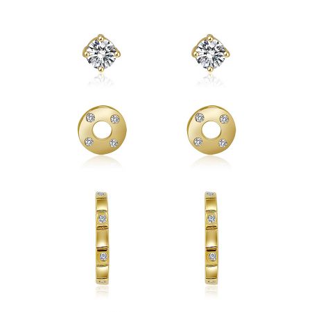 Gold Tone Combo 3 in 1 Stud Earrings - A collection of Gold Tone Combo 3-in-1 Stud Earrings, including CZ, round, and hoop designs, displayed on a clean background.