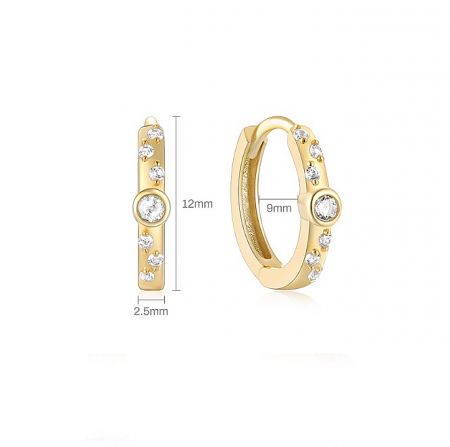 Detailed view of the gold CZ hoop earrings showing dimensions: 12mm height, 9mm width, and 2.5mm thickness.