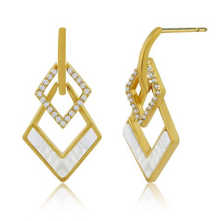 Close-up view of the Triangle Shell Frame earring, highlighting the intricate gold frame, white shell inlay, and sparkling CZ stone.
