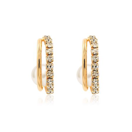 Crystal Hoop Earrings With Pearl - A close-up of the elegant Crystal Hoop Earrings, showcasing the brilliant white Czech crystals and a lustrous pearl set in a gold-plated hoop.