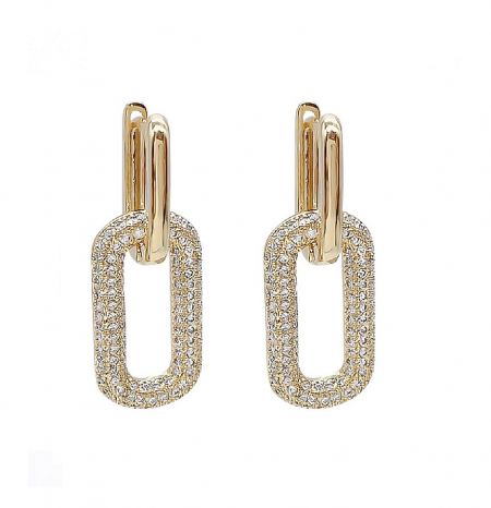 Goldene Dangle Huggie Ohrringe - Ein Paar goldene Dangle Huggie Ohrringe (JRE-103) aus Messing mit 18K Goldbeschichtung und funkelnden rechteckigen Zirkonia-Steinen.
