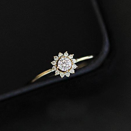 Detailed view of the sunflower ring's halo setting with a central CZ stone.