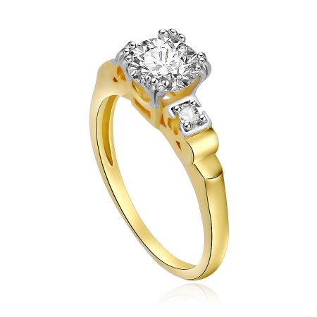 Side profile of the princess cut CZ engagement ring, showcasing the intricate prong setting and the sparkle of the side stones on the polished gold band.