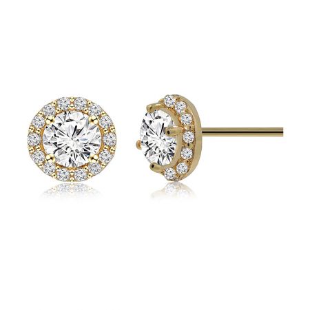 Close-up view of the gold-plated cubic zirconia stud earring with a halo design.