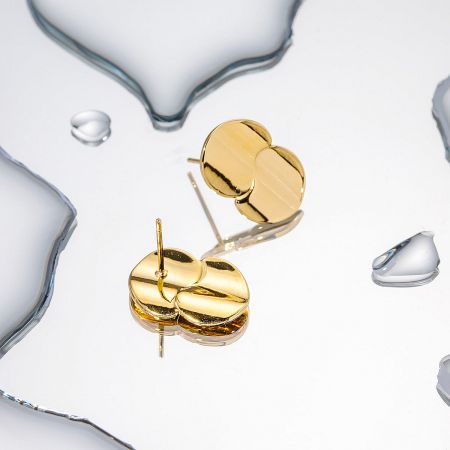 Stainless Steel Gold Small Double Disc Stud Earrings - A pair of stylish stainless steel stud earrings featuring a polished gold-plated double-circle design, presented on a clean, light background.