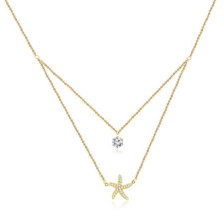 Layered Starfish Necklace with Cubic Zirconia - Elegant gold double-layered necklace featuring a sparkling cubic zirconia solitaire and a detailed starfish pendant, perfect for an ocean-themed look.