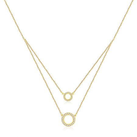 Wholesale Gold Double Circle Drop Necklace - Wholesale Gold Double Circle Drop Necklace featuring a double-layered chain and two circular pendants studded with cubic zirconia, displayed on a white background.
