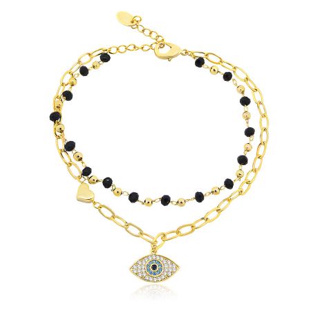 Seed Beads Evil Eye Bracelet - Close-up of the Seed Beads Evil Eye Bracelet, showing the detailed 18k gold chain, central eye charm with cubic zirconia, and black bead accents.