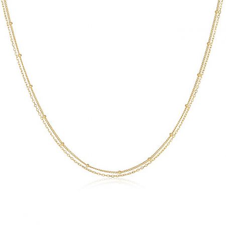 925 Sterling Silver Gold Plated Chain Necklace - A detailed view of the 925 Sterling Silver Gold Plated Chain Necklace, showcasing its elegant double-strand design and delicate circular beads.