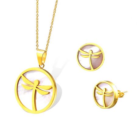 Dragonfly Shell Custom Made Wholesale Set - Complete Dragonfly Shell Jewelry Set in gold plating, featuring a delicate pendant necklace and matching stud earrings by JR Fashion Accessories.
