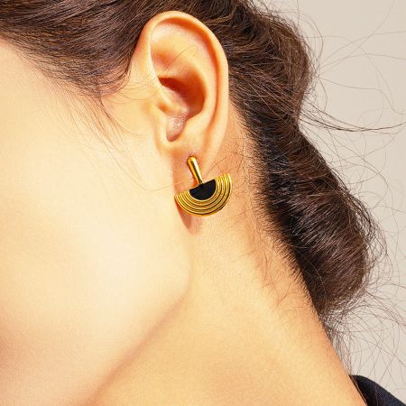 Stainless Steel Waterproof 18K Gold Plated Enamel Egyptian Semicircular Fan-Shaped Earrings (5 Pairs) - A woman wearing the elegant 18K gold plated stainless steel earring with a black enamel Egyptian fan-shaped design.